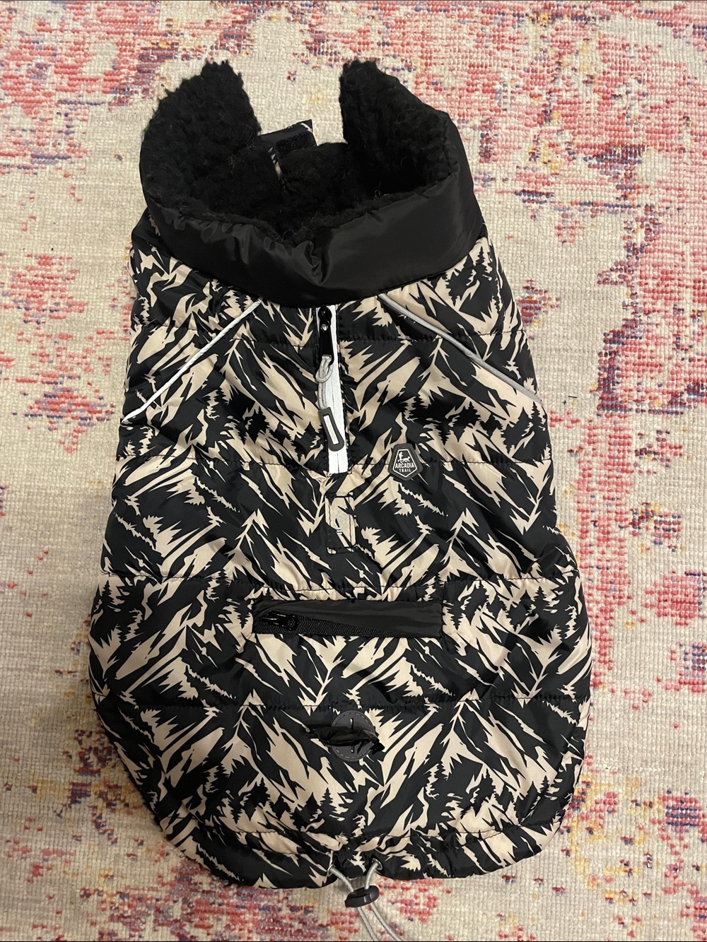 Black & Cream Puffer Dog Coat with Fur Lined Collar small